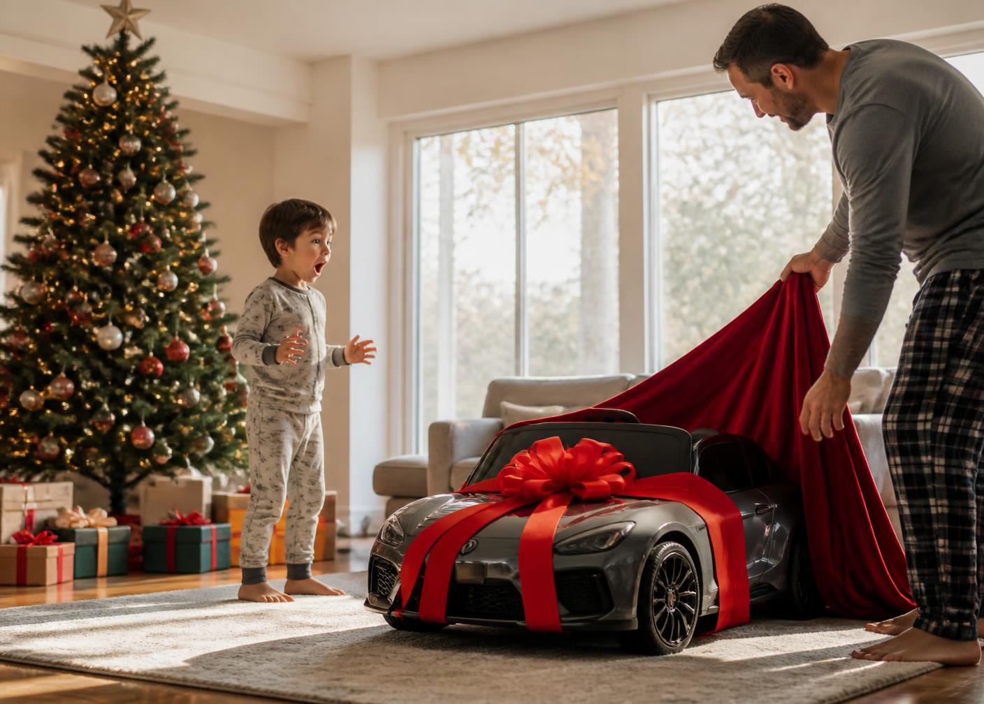 Parent revealing a kids ride on car with a red bow on Christmas morning
